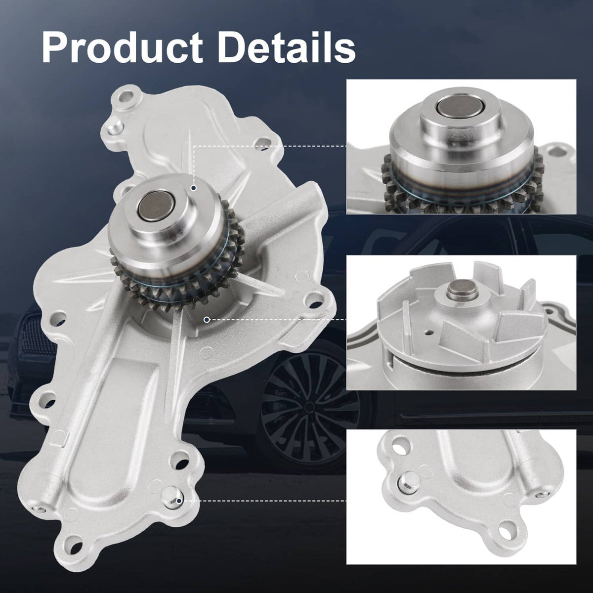 Water pump assembly with close-up inserts of bearing pulley and mounting points.