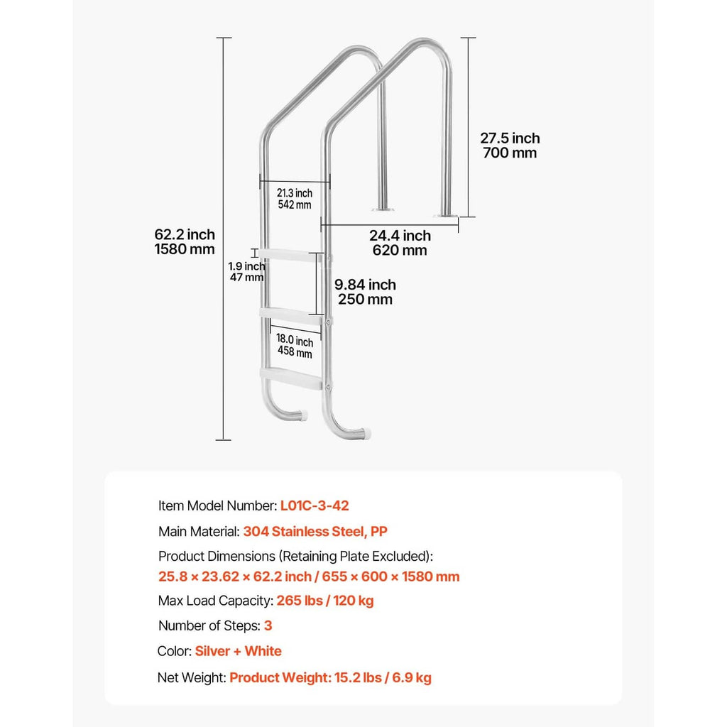 Stainless steel 3-step inground pool ladder diagram with double handrails and step spacing