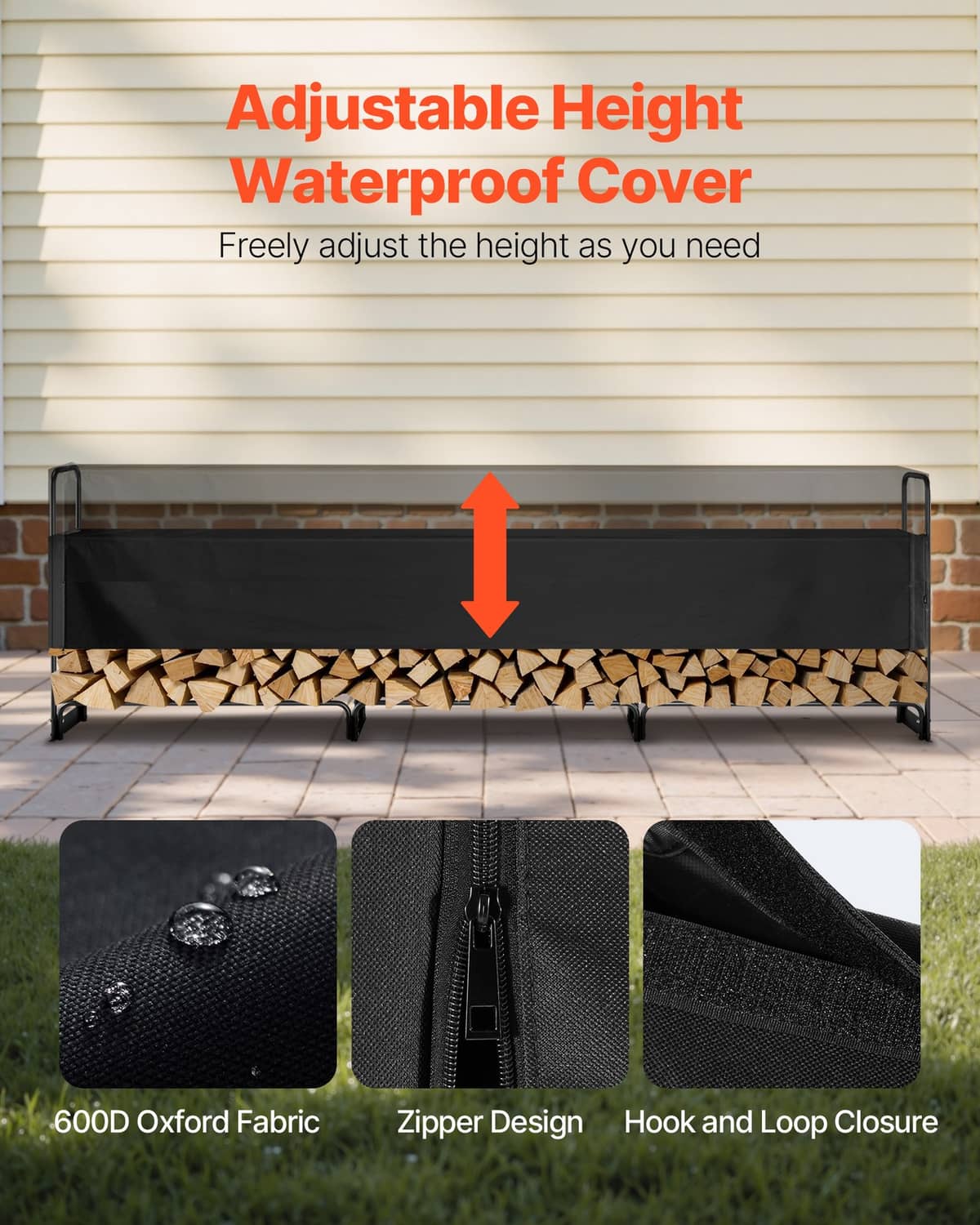 Firewood rack with waterproof black cover fabric, adjustable height frame