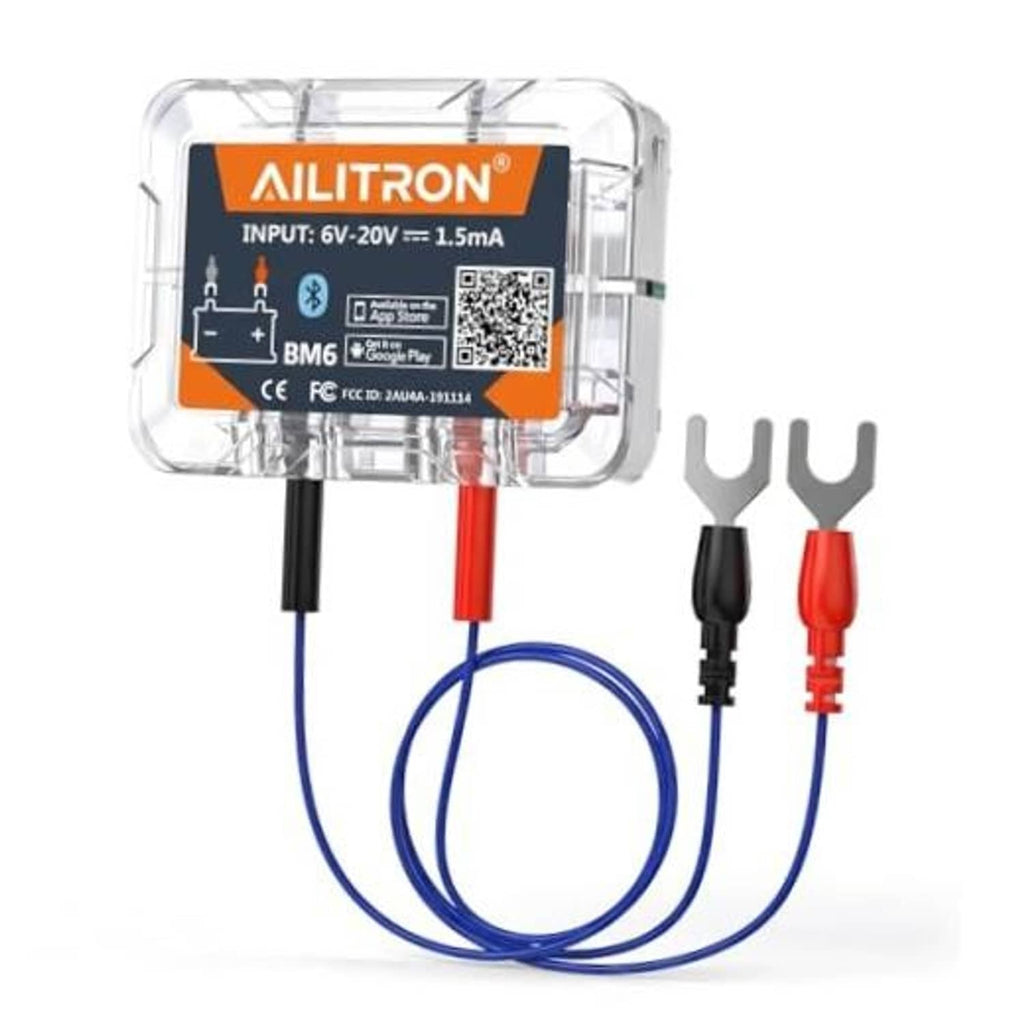 Bluetooth 12V battery monitor in clear housing with blue and red/black test cables