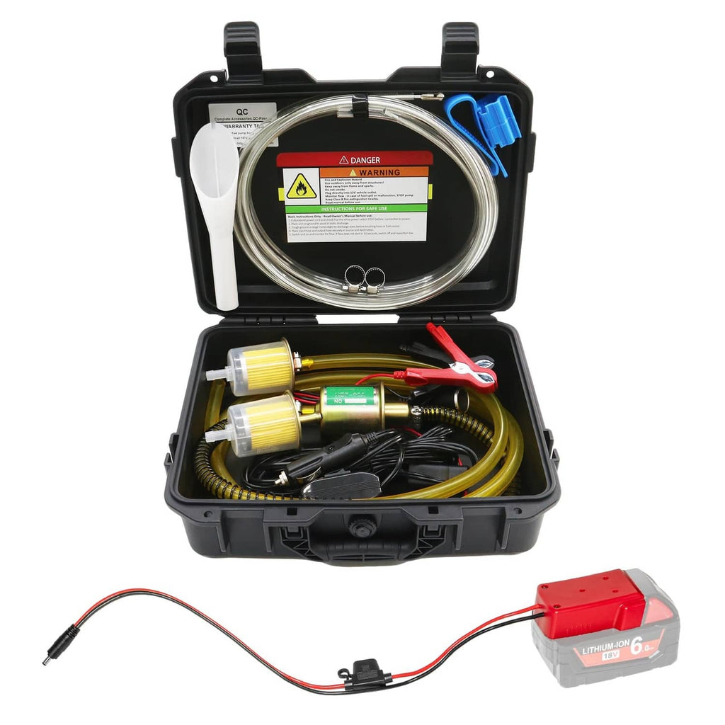 Fuel transfer pump kit in black case with hoses and red battery adapter