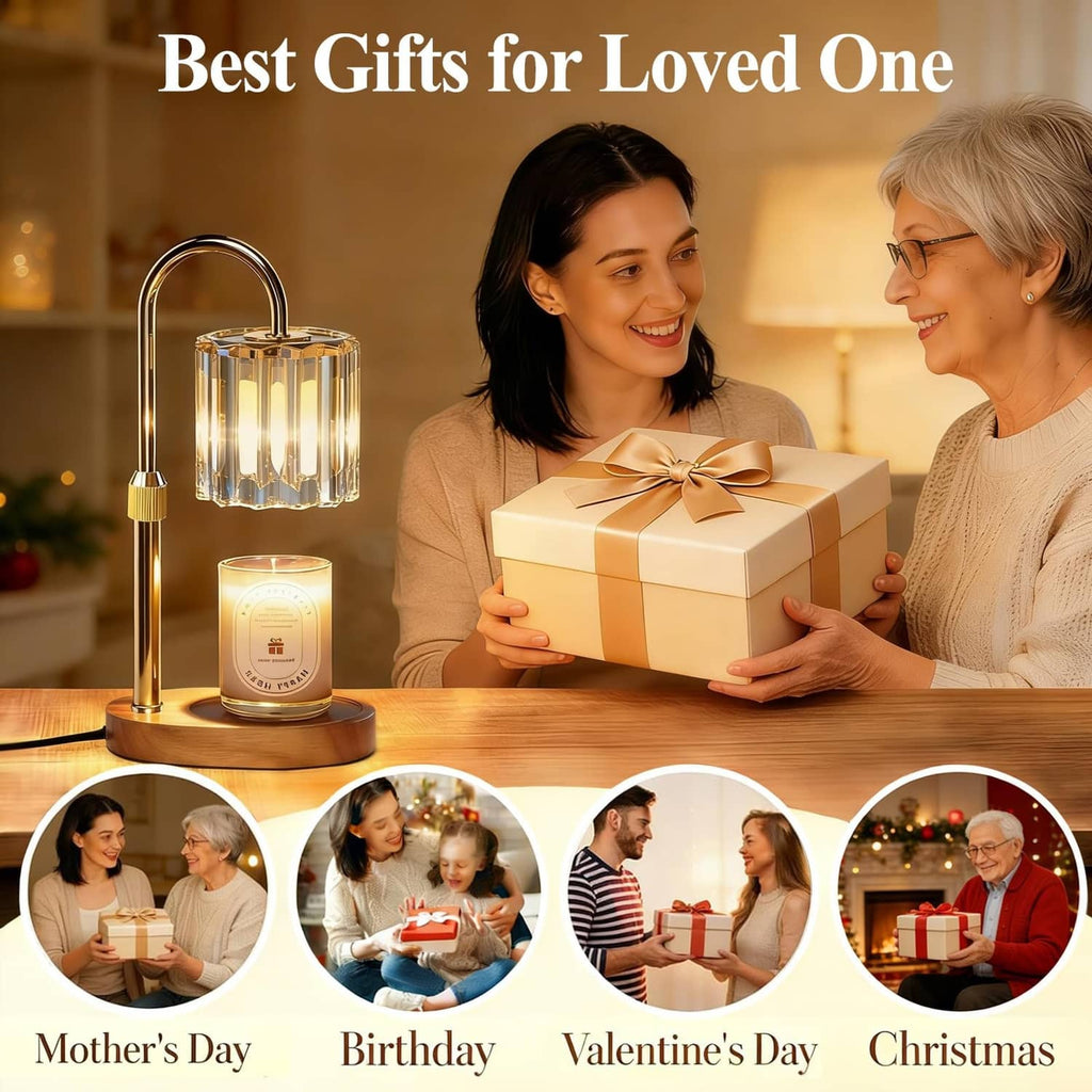 Gold candle warmer lamp with clear glass shade and lit candle jar on a tabletop