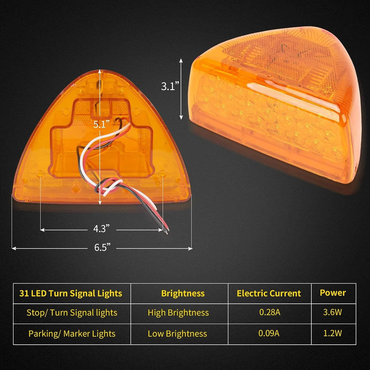 Two amber LED turn signal lights with internal wiring and lens housing