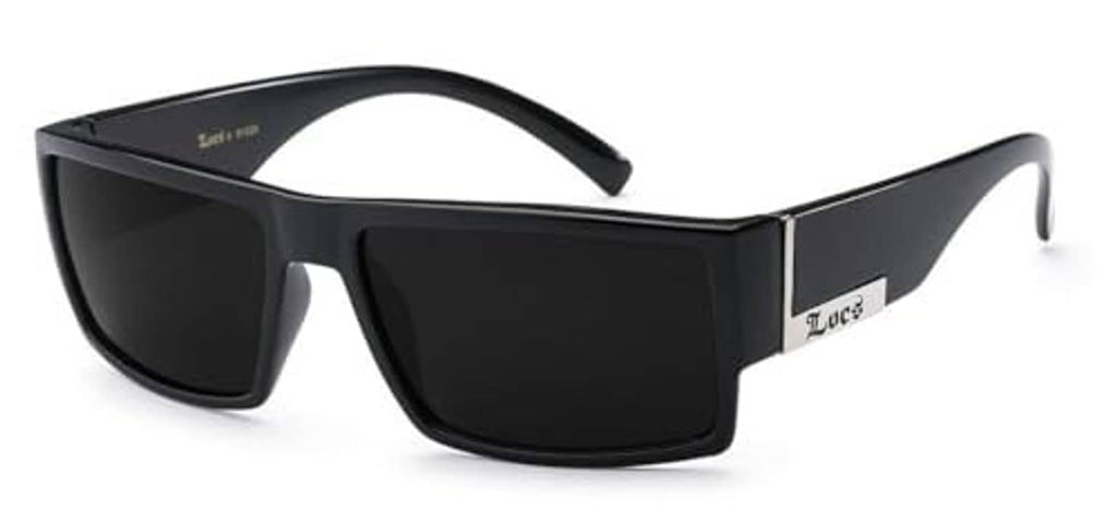 Black flat-top sunglasses front view with dark rectangular lenses and silver accents