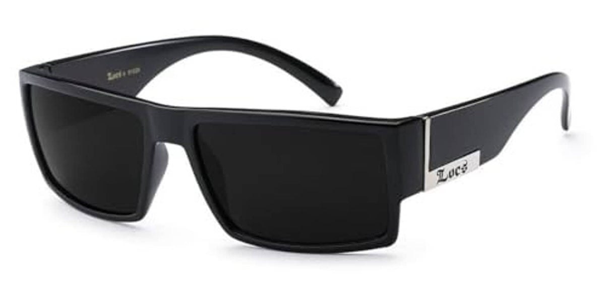 Black flat-top sunglasses front view with dark rectangular lenses and silver accents