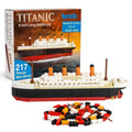 Brick Titanic building set with mini bricks and assembled multicolor ship model