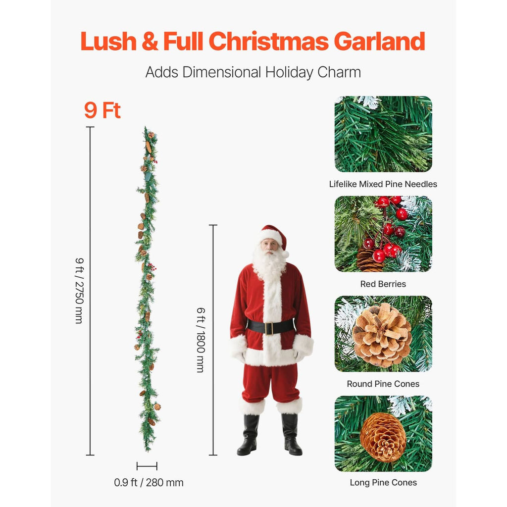 9ft pre-lit Christmas garland with pine needles, pinecones, and red berries