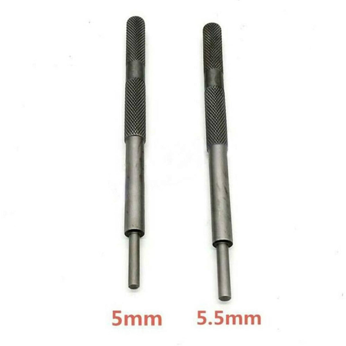 5mm and 5.5mm valve guide remover tools, knurled grips, dark metal shafts