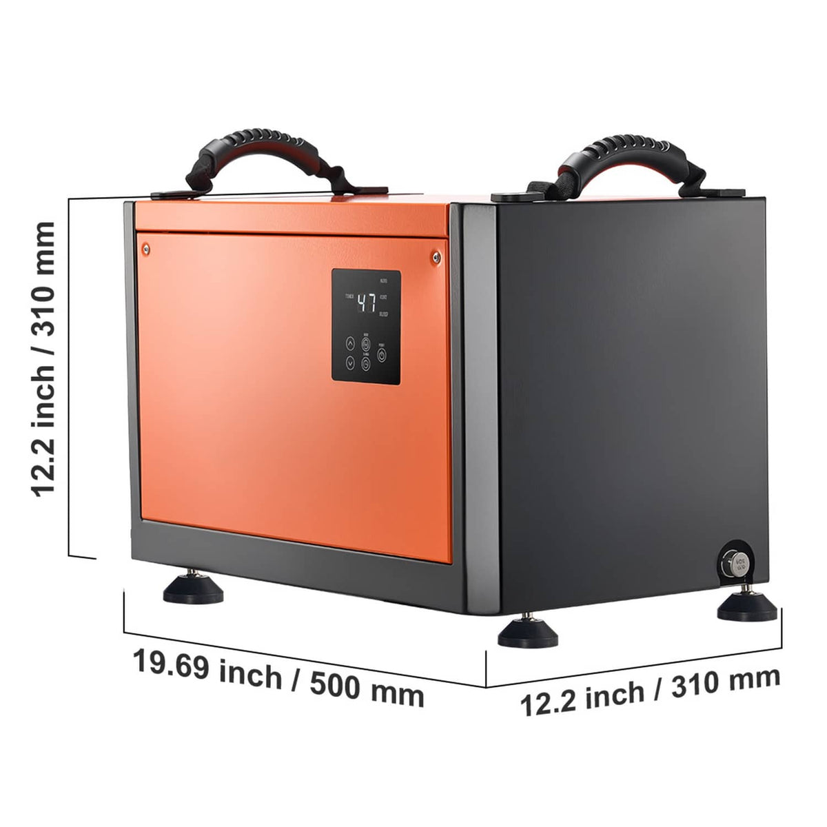 Front and side view of orange commercial dehumidifier with black handles and feet