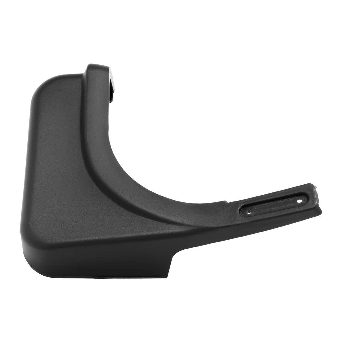 Black plastic right fender cap with slotted mounting bracket and curved contour