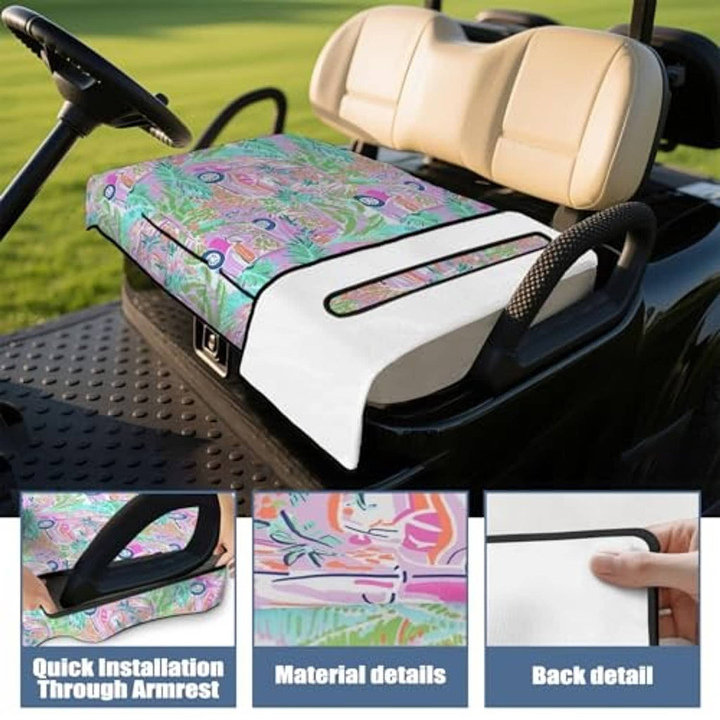 Golf cart seat cover towel blanket on a beige seat, colorful car and palm leaf print