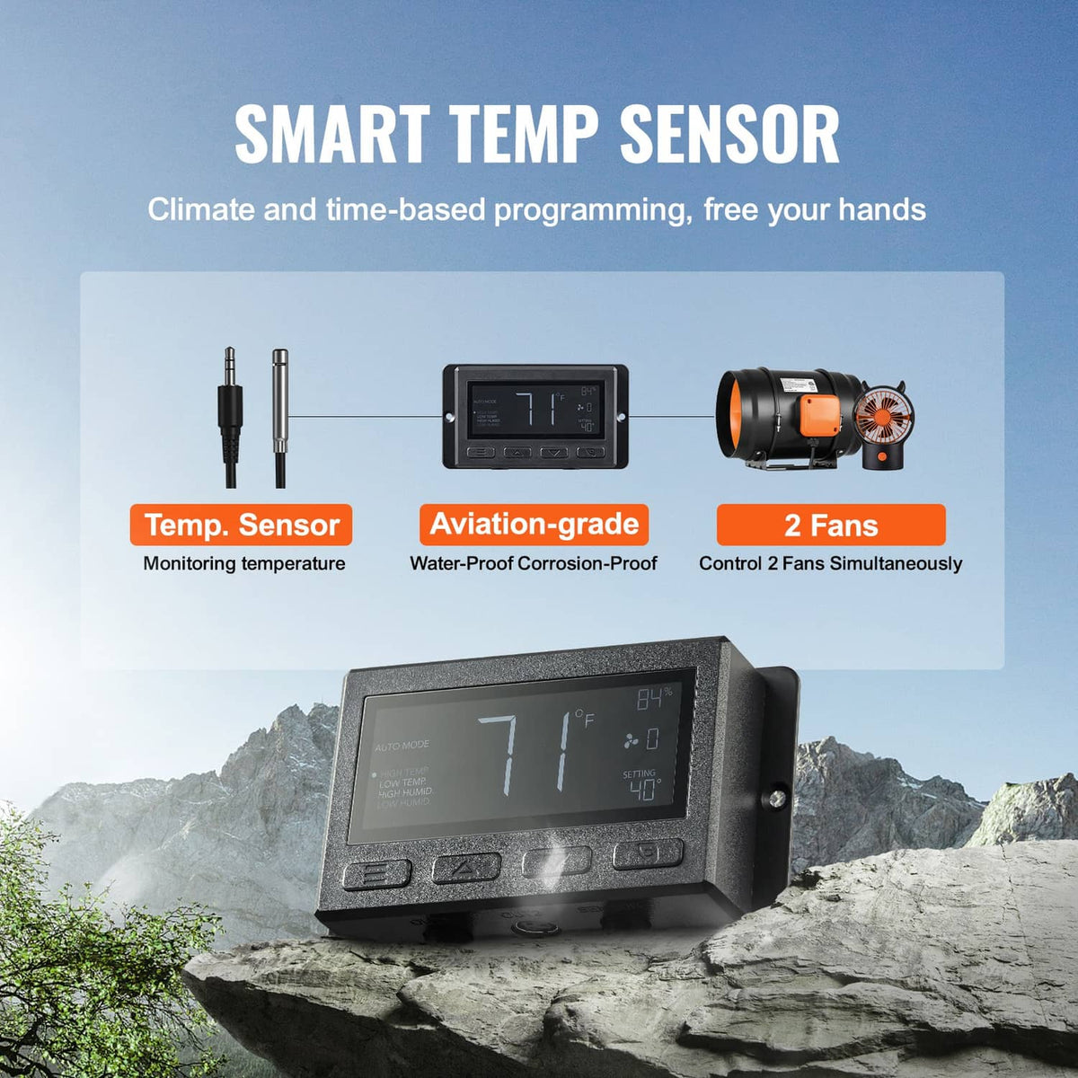 Inline duct fan with smart temperature sensor display and orange control