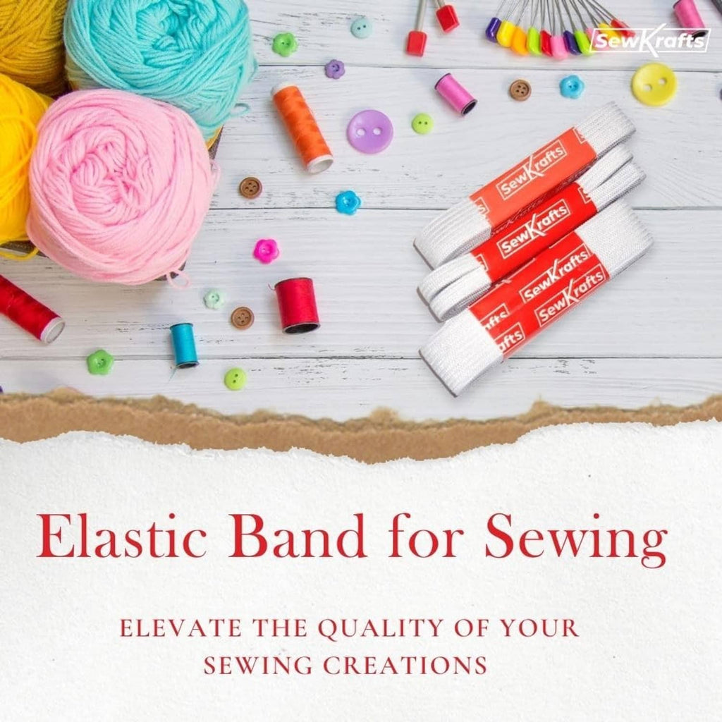 White knit elastic bands set with red SewKrafts labels, rolled together