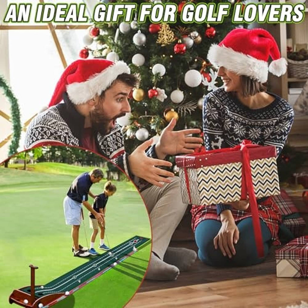 Golf putting mat on outdoor-style green, red frame for indoor practice