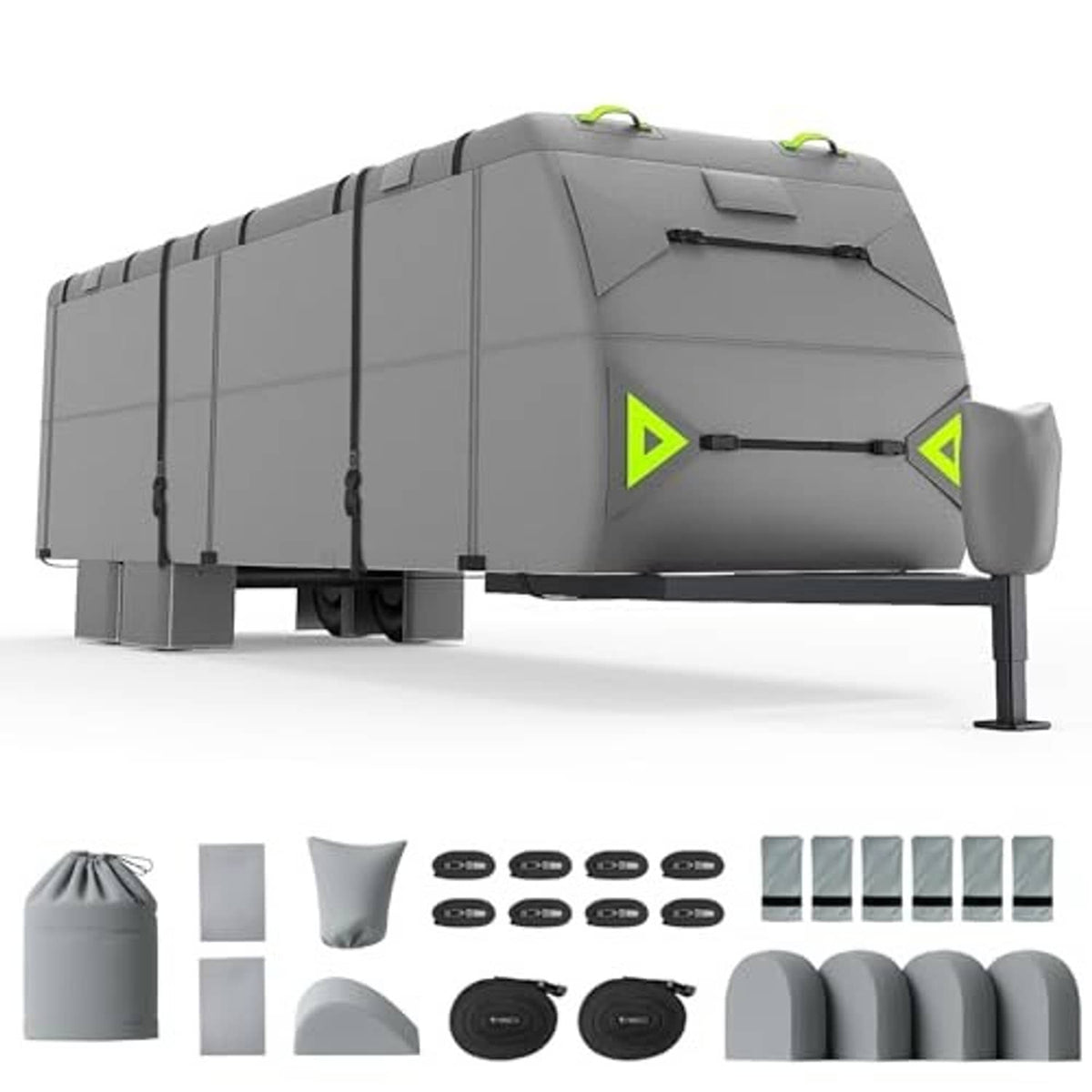 Gray RV travel trailer cover with tie straps and included accessory kit pieces shown below.