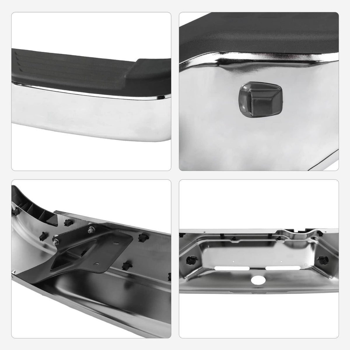 Chrome steel bumper with black top insert and close-up of square corner trim