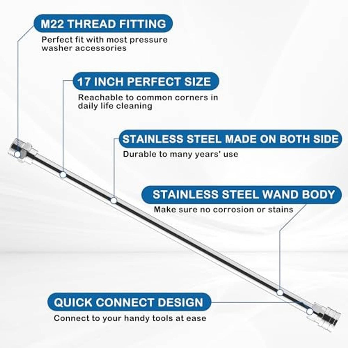 Stainless steel pressure washer wand extension with M22 thread fitting