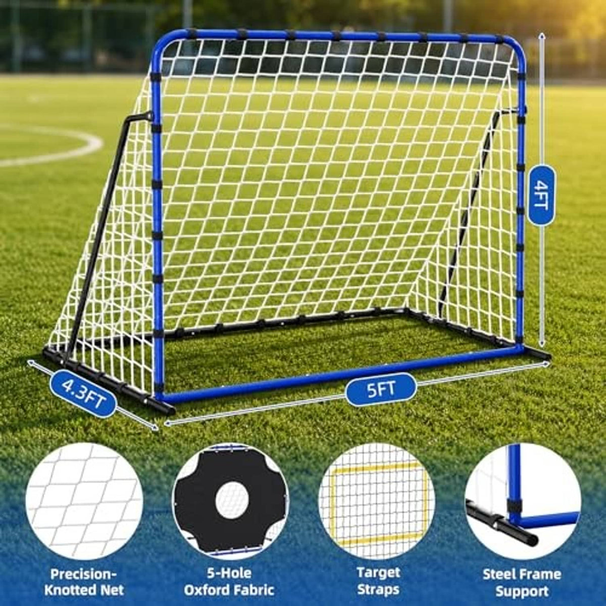 Soccer goal net with blue steel frame, white mesh and yellow target panel close-up