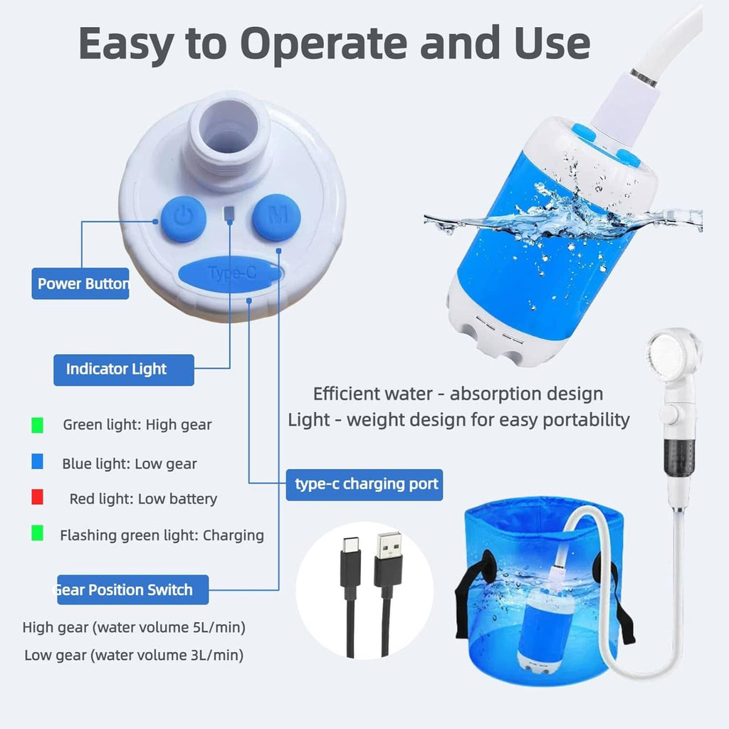Portable camping shower pump controller with blue buttons and white showerhead