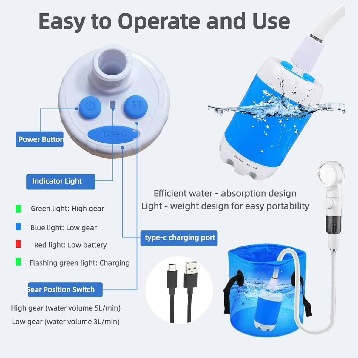 Portable camping shower pump controller with blue buttons and white showerhead