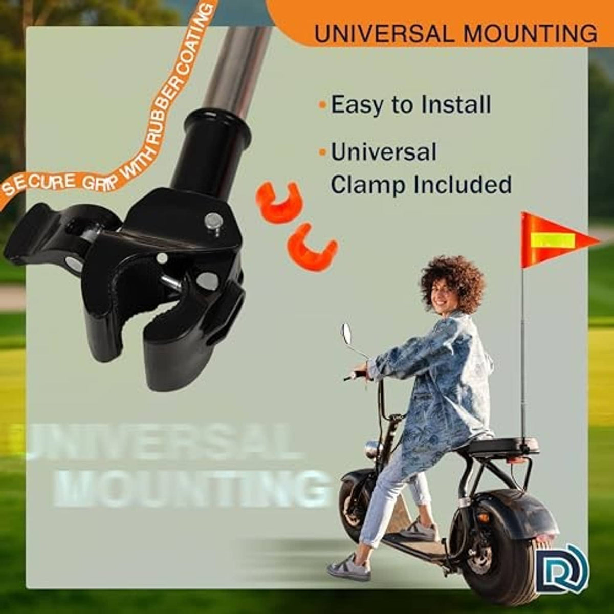 Telescoping safety flag pole with universal clamp mount for securing the flag