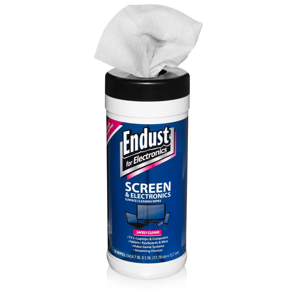 Endust screen cleaning wipes canister, white with blue label, black cap, tissue top