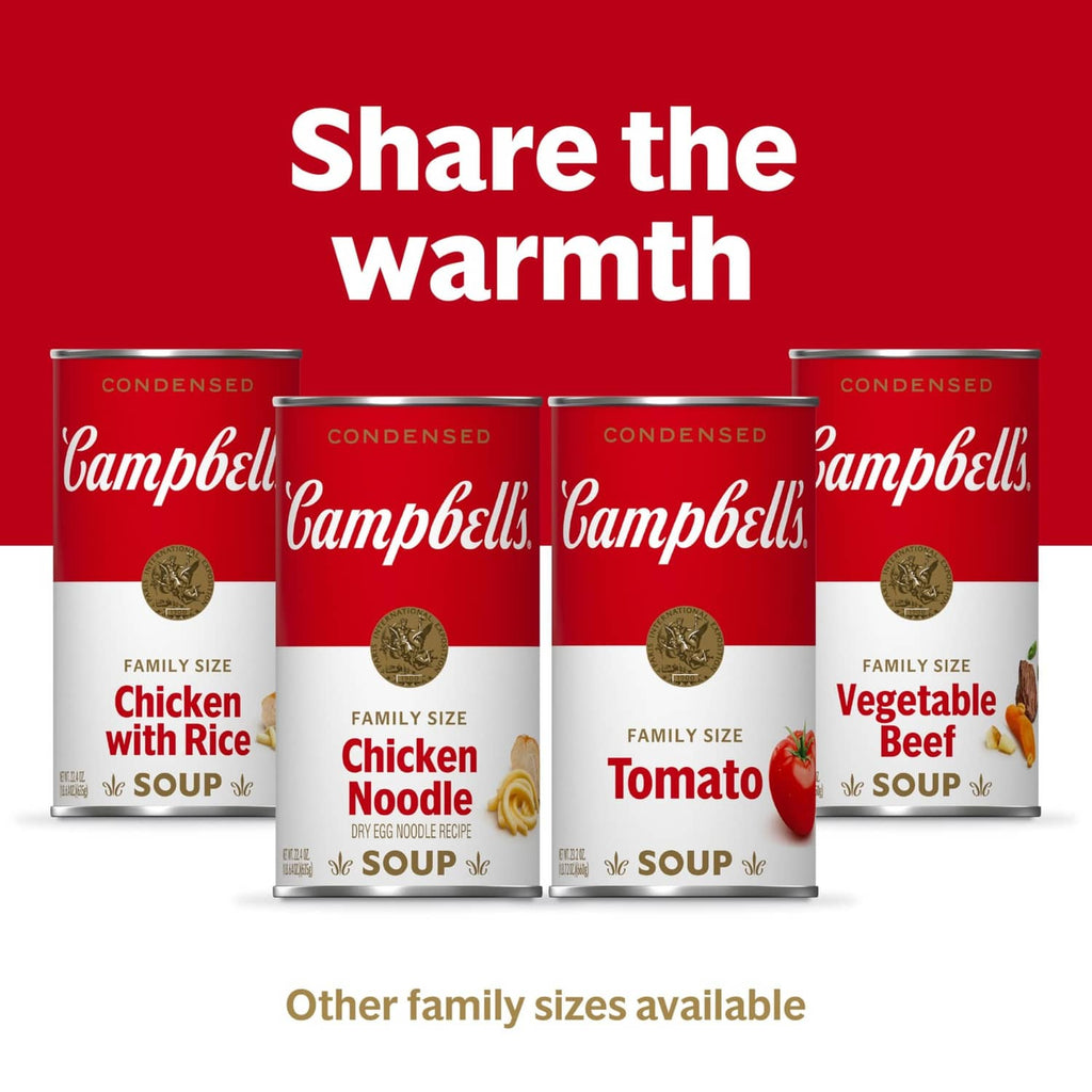 Campbell's condensed soup can lineup with chicken noodle, tomato, and vegetable beef labels