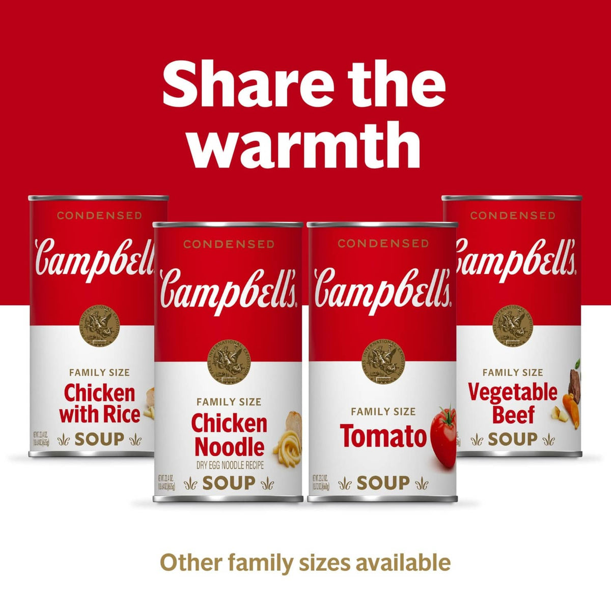 Campbell's condensed soup can lineup with chicken noodle, tomato, and vegetable beef labels