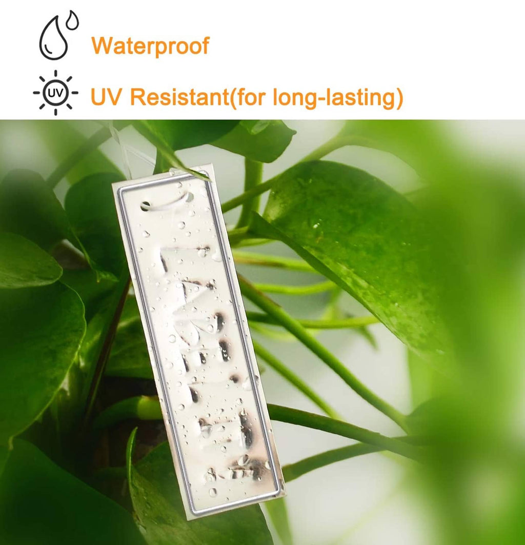 Waterproof aluminum plant tag with raindrops on metal surface, UV-resistant
