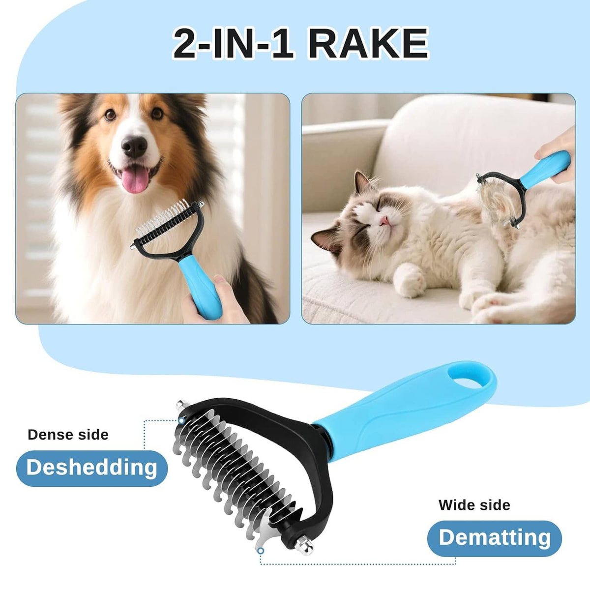 2-in-1 pet grooming rake with wide and dense metal teeth on blue handle and black base
