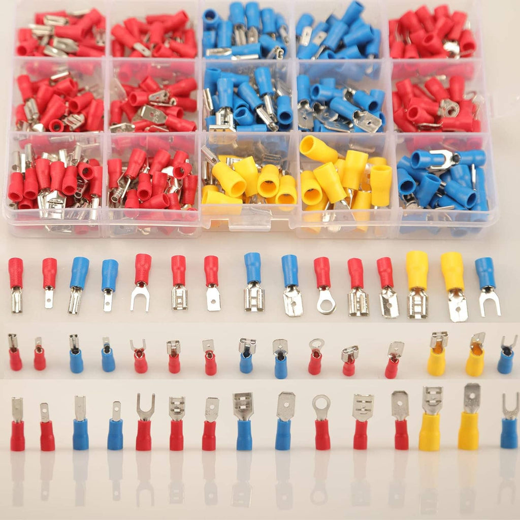 Assorted insulated crimp connector terminals in a divided plastic organizer