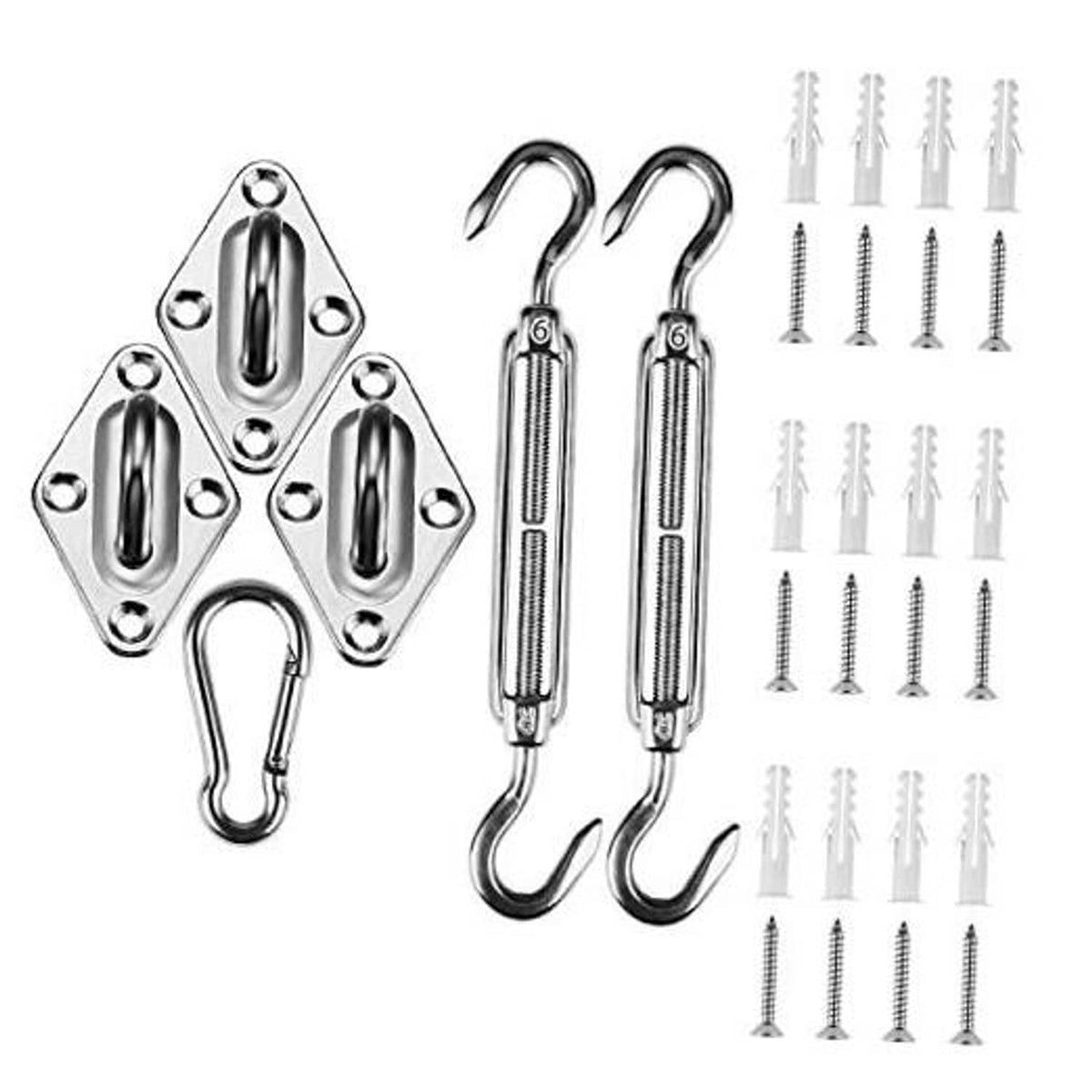 Stainless steel shade sail hardware parts set: pad eyes, snap hooks, turnbuckles, screws