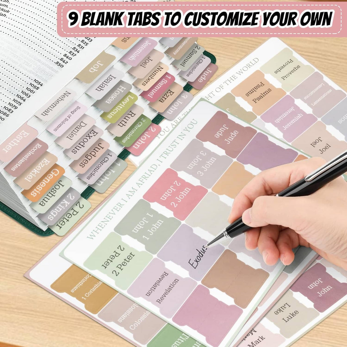 Blank laminated Bible tabs for customizing your own scripture index on a guide sheet