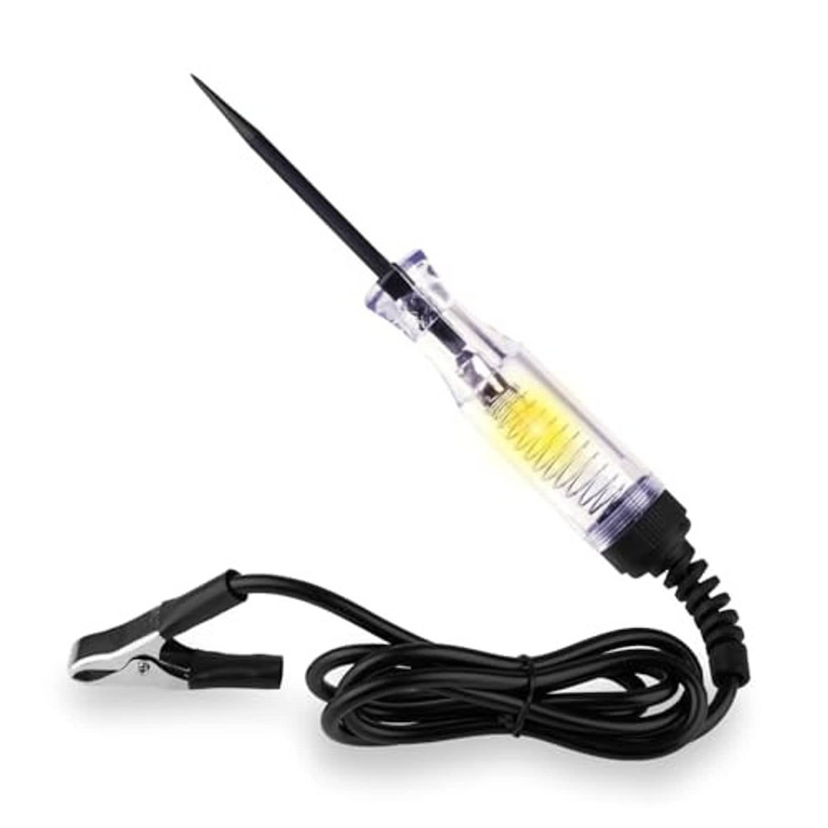 DC voltage tester with glowing pilot lamp, clear body, needle tip, and alligator clip