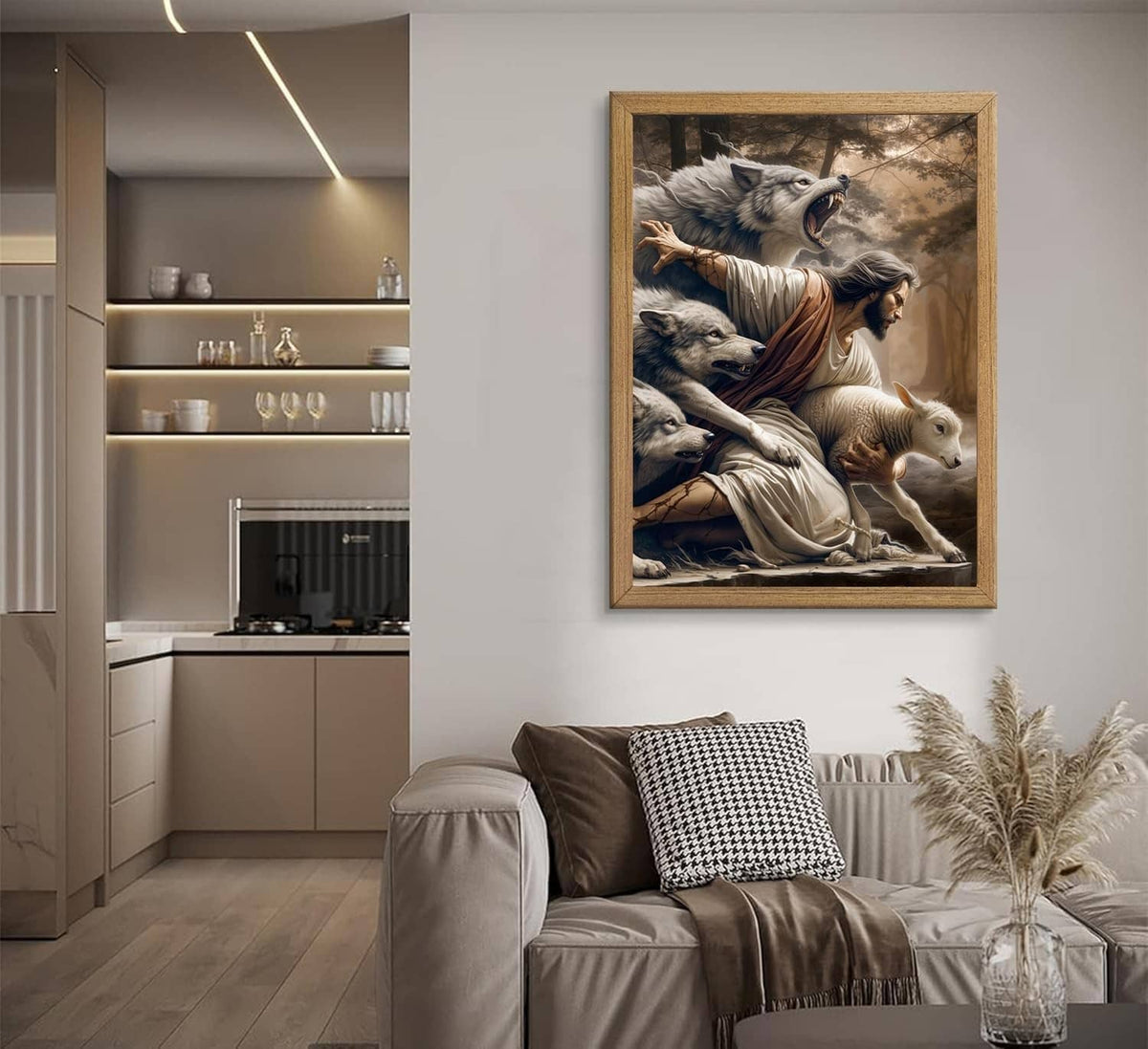 Framed Jesus and lamb canvas wall art on wall above a sofa, detailed animal scene