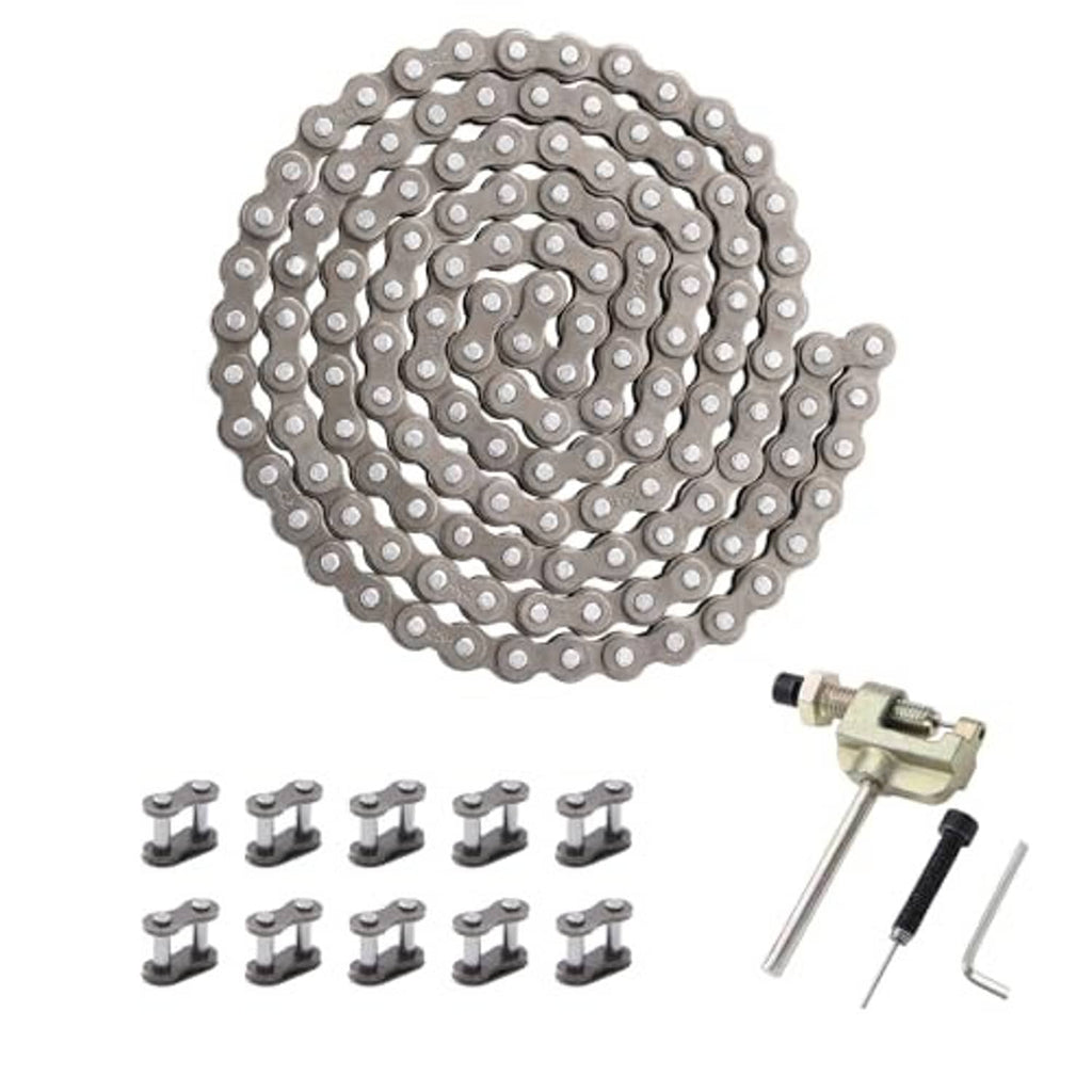 Roller drive chain links with chain breaker hardware and connector pins
