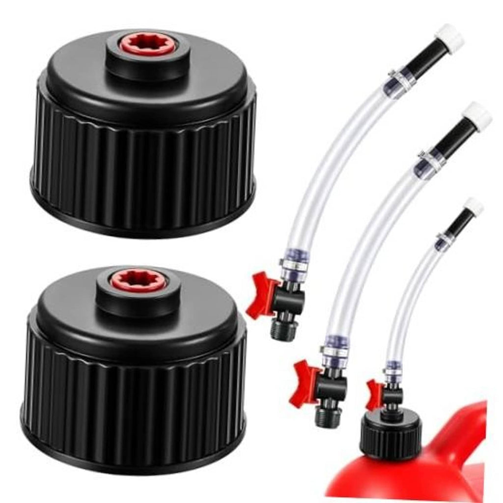 Black fuel jug cap with red insert plus clear filler hose with metal fittings