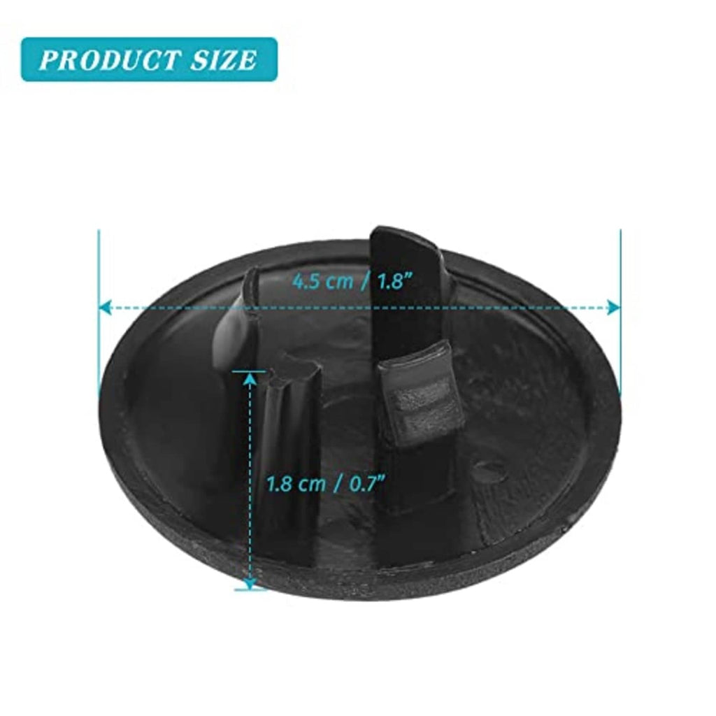 Black armrest cover cap underside with mounting studs, size diagram view.