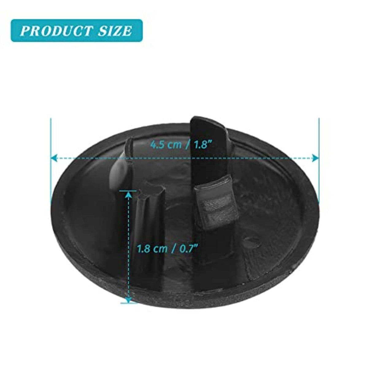 Black armrest cover cap underside with mounting studs, size diagram view.