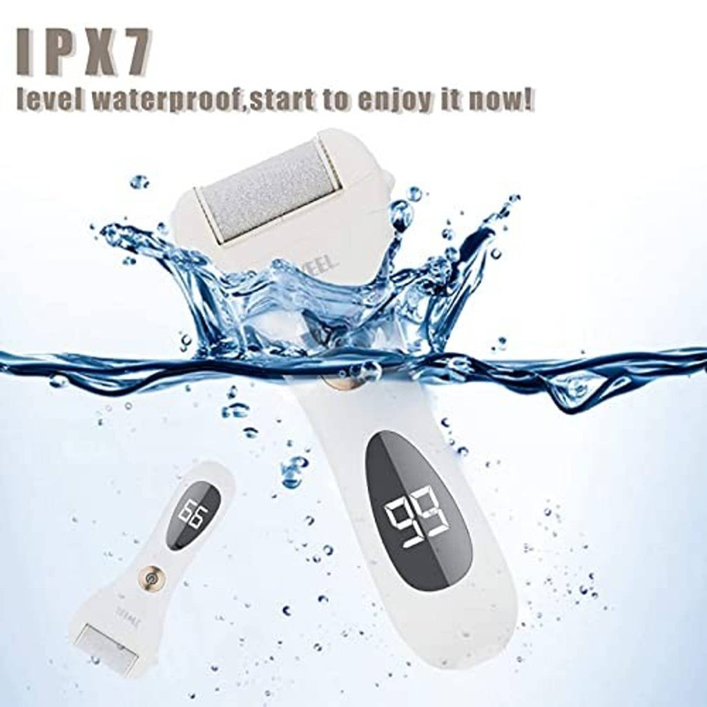 White electric foot callus remover shown with splash water droplets over the device