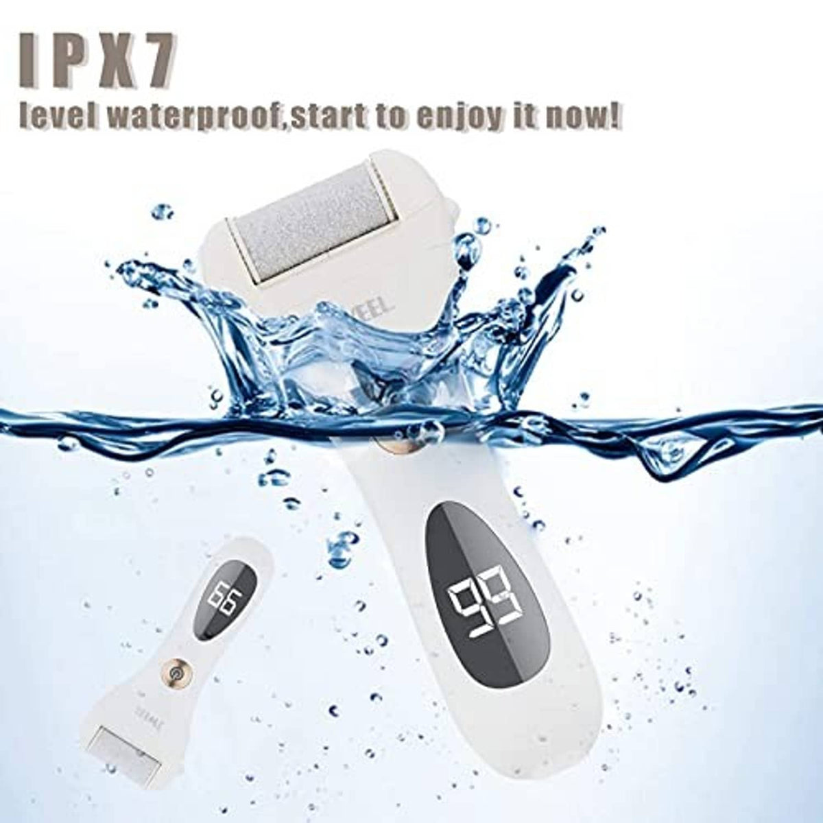 White electric foot callus remover shown with splash water droplets over the device