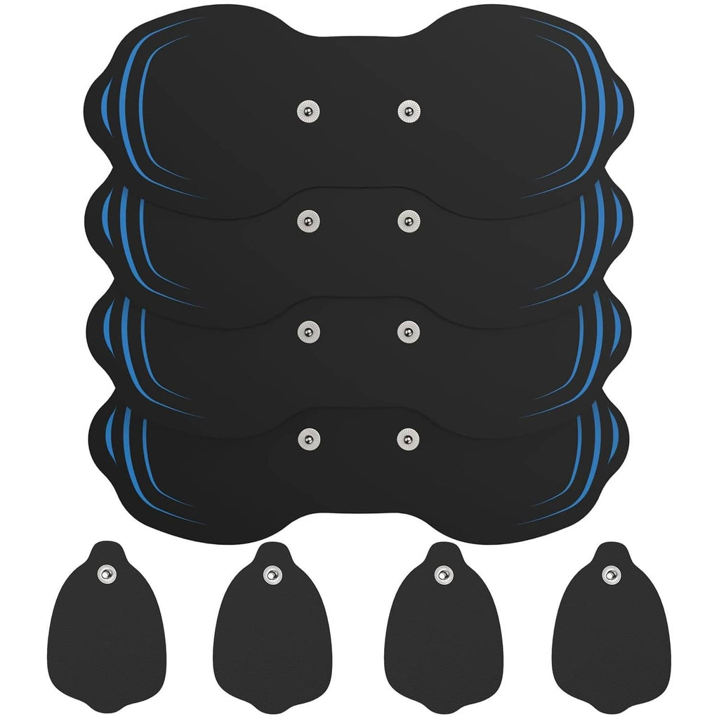 Tens unit electrode pads, four black flexible pads with silver snap buttons