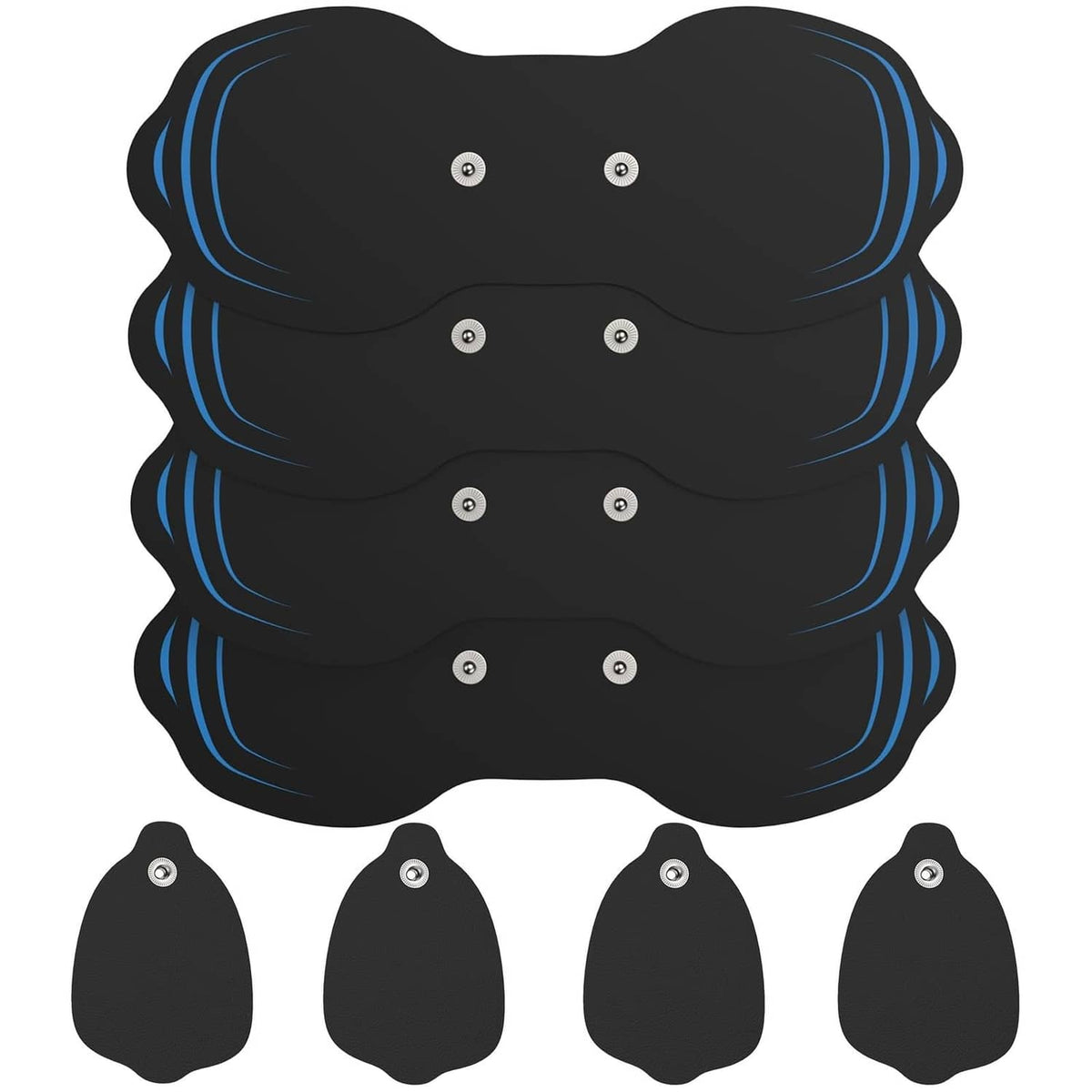 Tens unit electrode pads, four black flexible pads with silver snap buttons