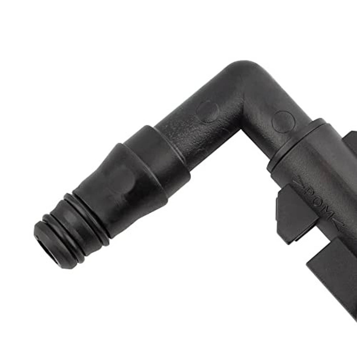 Black plastic headlight washer nozzle jet sprayer close-up of curved outlet tube