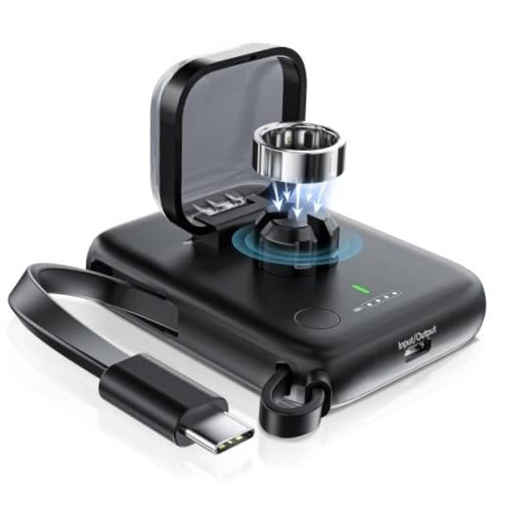 Black portable power bank with USB-C port, rotating ring holder, LED indicator