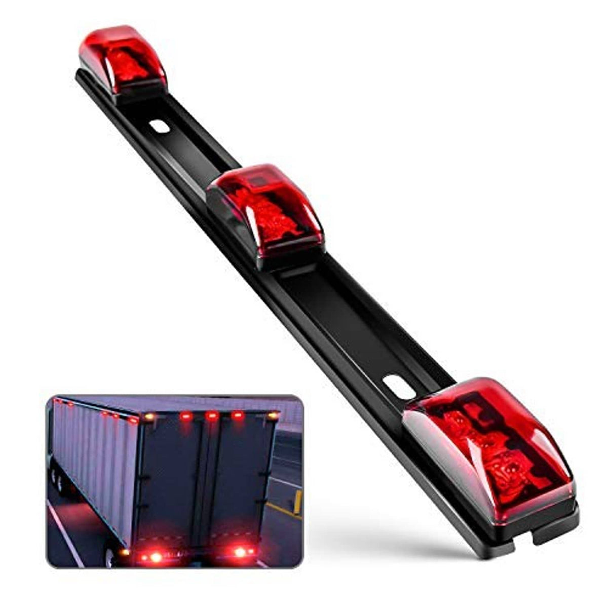 Angled view of black LED ID bar marker light with red lenses and illuminated red LEDs.