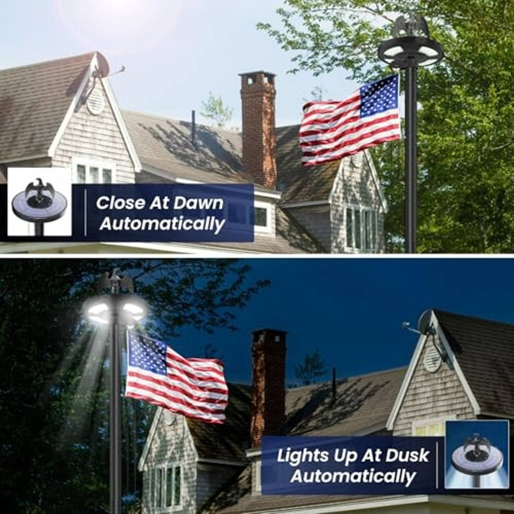 Solar-lit in-ground flag pole with eagle finial and American flag above a house roof