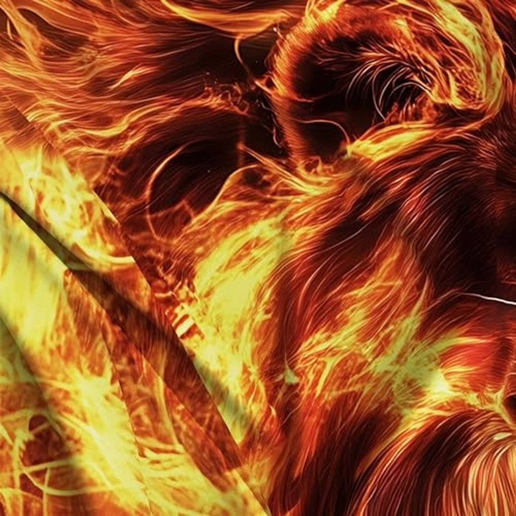 Close-up lion flame polyester flag print with glowing mane and fiery sparks on dark fabric