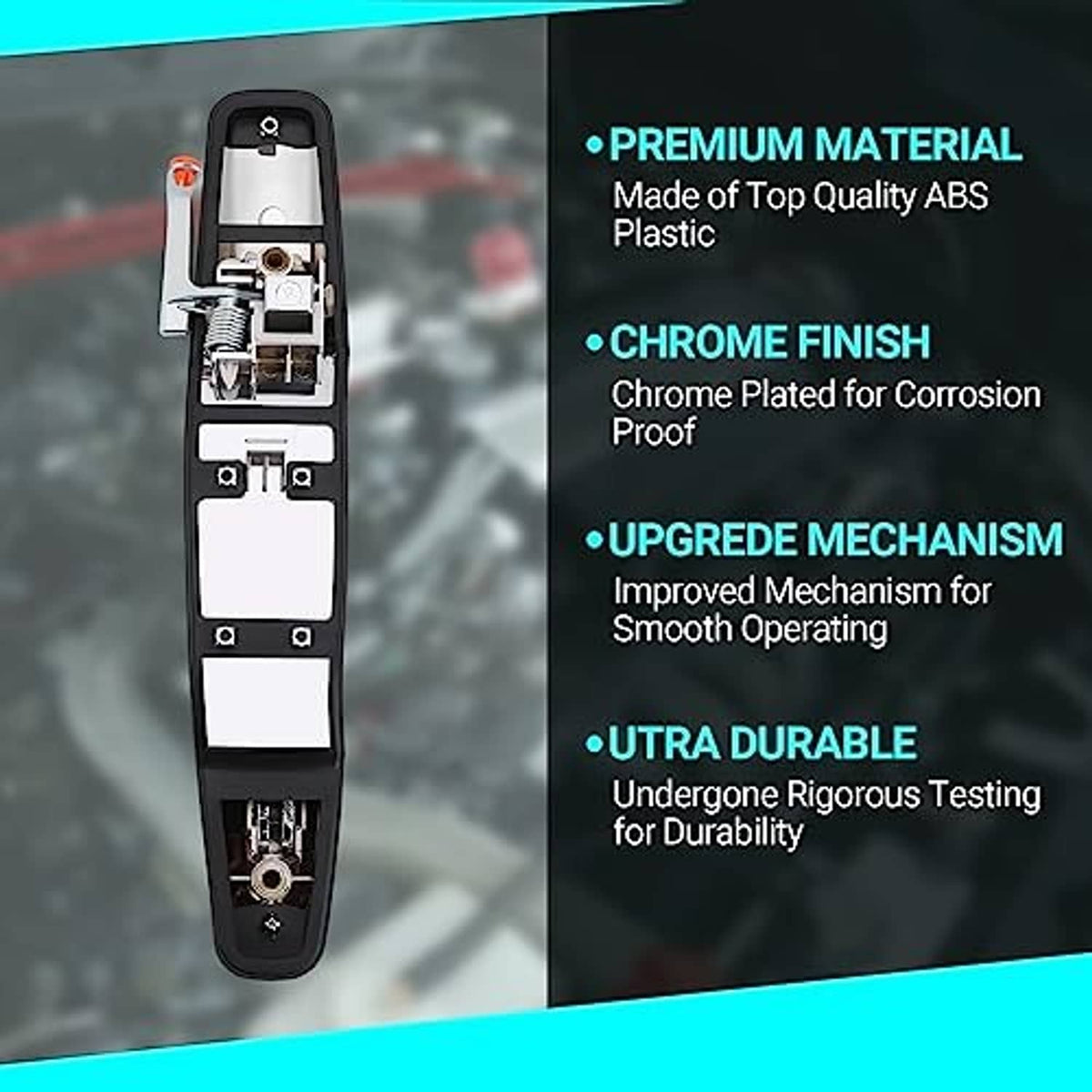 Chrome exterior door handle graphic showing ABS material, chrome finish, and mechanism