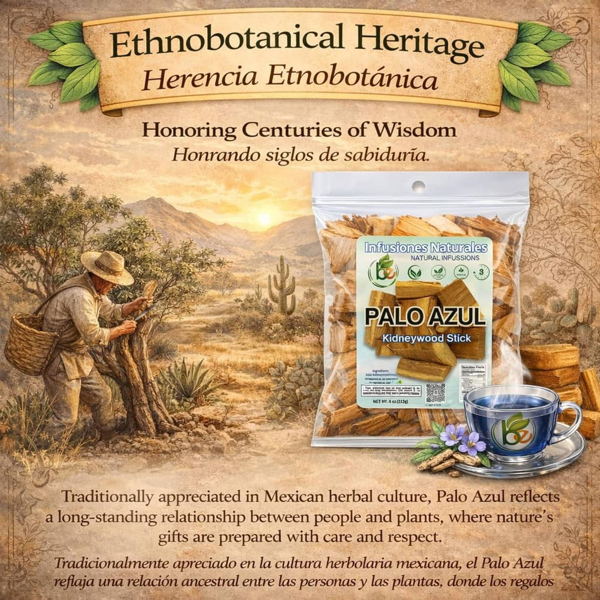 Palo Azul herbal tea pouch with a cup of tea and small purple flowers